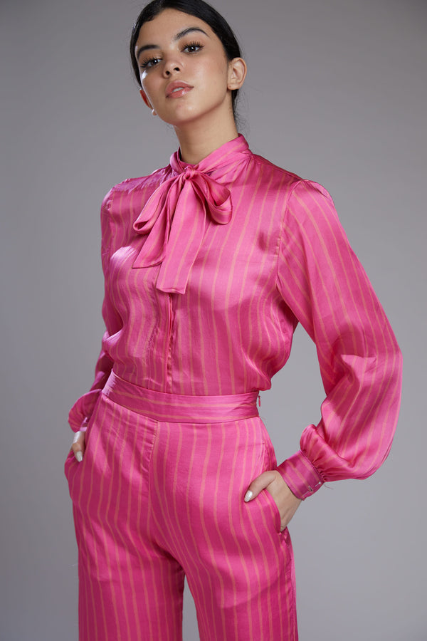 Koai-Pink Stripe Bow Shirt With Pants-INDIASPOPUP.COM