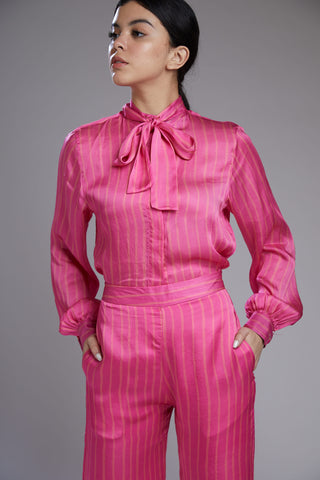 Koai-Pink Stripe Bow Shirt With Pants-INDIASPOPUP.COM