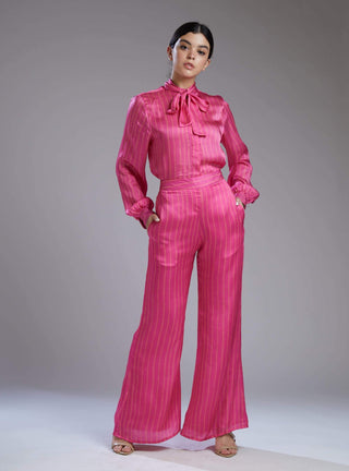 Koai-Pink Stripe Bow Shirt With Pants-INDIASPOPUP.COM