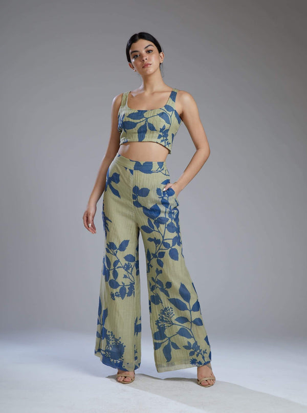Koai-Beige & Blue Flower Pants Set With Bustier-INDIASPOPUP.COM