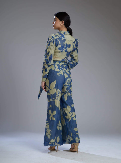 Koai-Beige & Blue Flower Wrap Blouse With Pants-INDIASPOPUP.COM