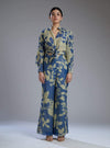 Koai-Beige & Blue Flower Wrap Blouse With Pants-INDIASPOPUP.COM