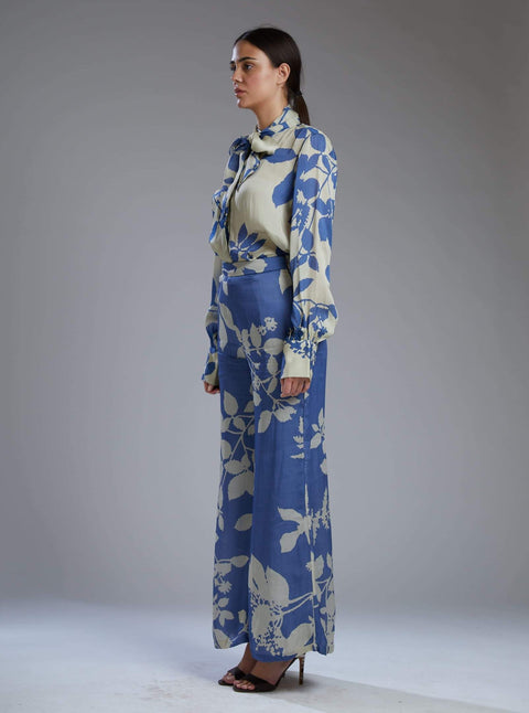 Koai-Beige & Blue Flower Bow Shirt With Pants-INDIASPOPUP.COM