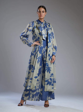 Koai | Beige & Blue Flower Jumpsuit With Cape | INDIASPOPUP.COM Koai | Beige & Blue Flower Jumpsuit With Cape | INDIASPOPUP.COM