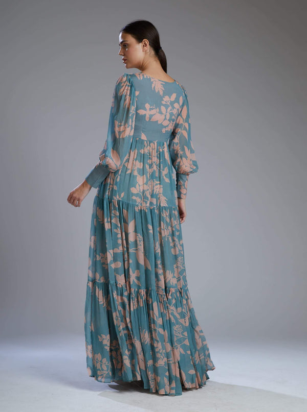 Koai-Blue & Pink Flower Long Dress-INDIASPOPUP.COM