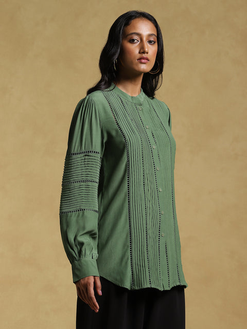 Ritu Kumar-Green Lace Insert Kurti-INDIASPOPUP.COM