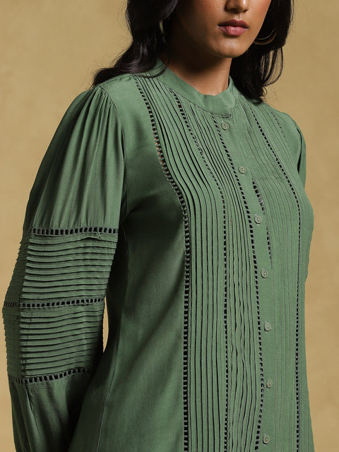 Ritu Kumar-Green Lace Insert Kurti-INDIASPOPUP.COM