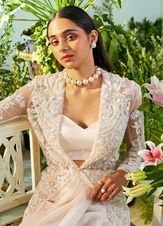 Mani Bhatia-Olivia Ecru Embroidered Drape Skirt, Bustier And Jacket-INDIASPOPUP.COM