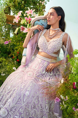 Mani Bhatia-Ruby Lilac Pearl Embroidered Lehenga Set-INDIASPOPUP.COM