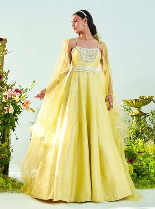 Mani Bhatia-Ivy Lime Yellow Anarkali With Dupatta And Belt-INDIASPOPUP.COM