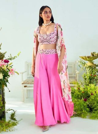 Mani Bhatia-Isabelle Fuschia Pink Blouse With Palazzo And Cape-INDIASPOPUP.COM