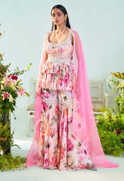 Mani Bhatia-Grace Floral Pink Peplum With Gharara And Dupatta-INDIASPOPUP.COM