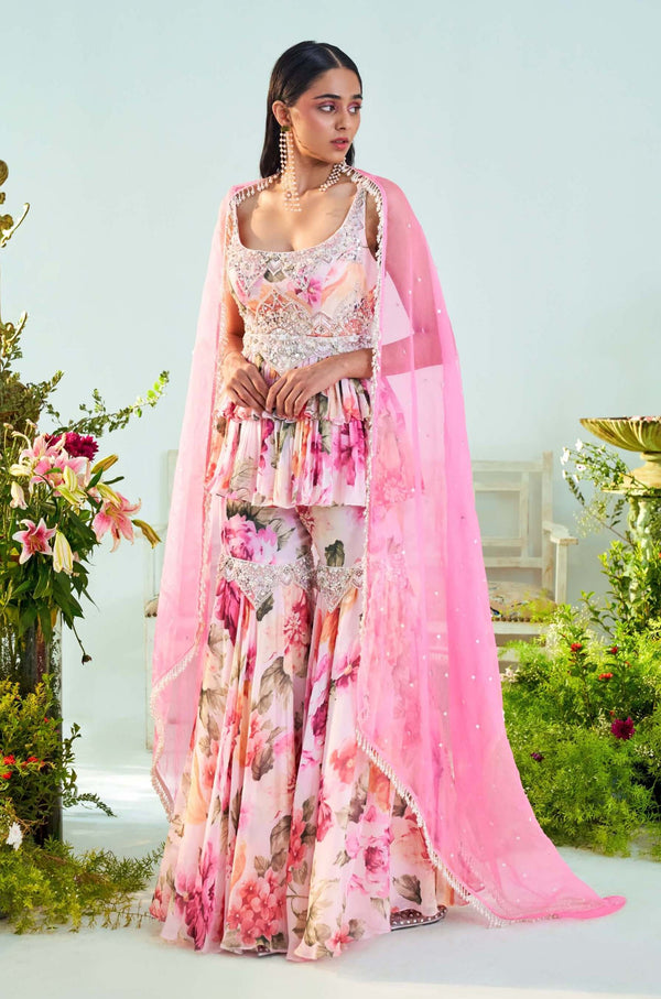 Mani Bhatia-Grace Floral Pink Peplum With Gharara And Dupatta-INDIASPOPUP.COM