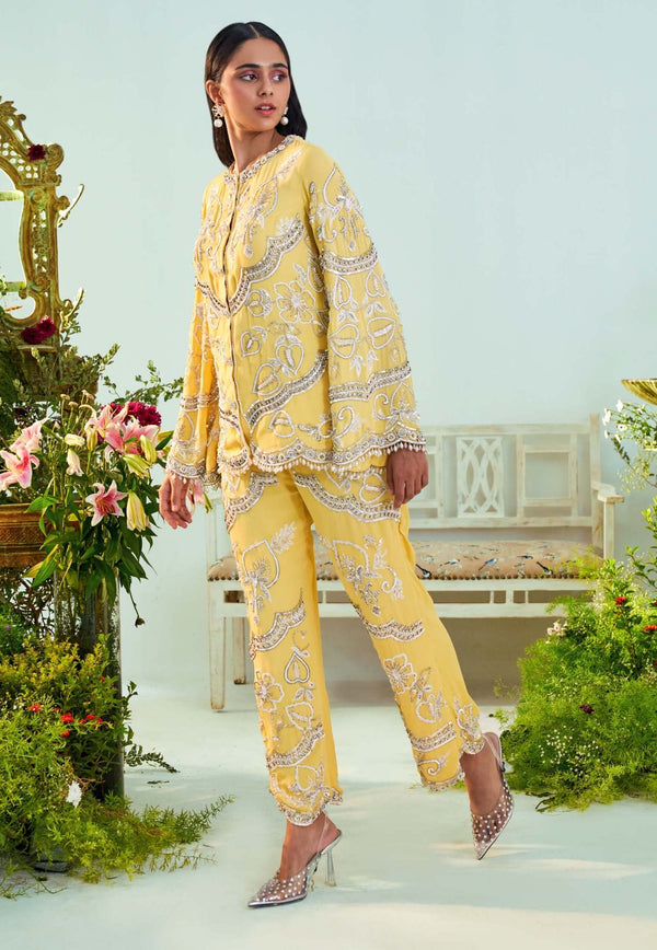 Mani Bhatia-Evelyn Sunshine Yellow Top With Flared Pant-INDIASPOPUP.COM