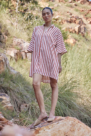 Kharakapas-Red Off-White Striped Shirt Dress-INDIASPOPUP.COM