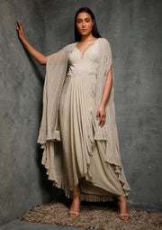 Seema Thukral-Dusky Green Cape Jacket With Draped Dress-INDIASPOPUP.COM