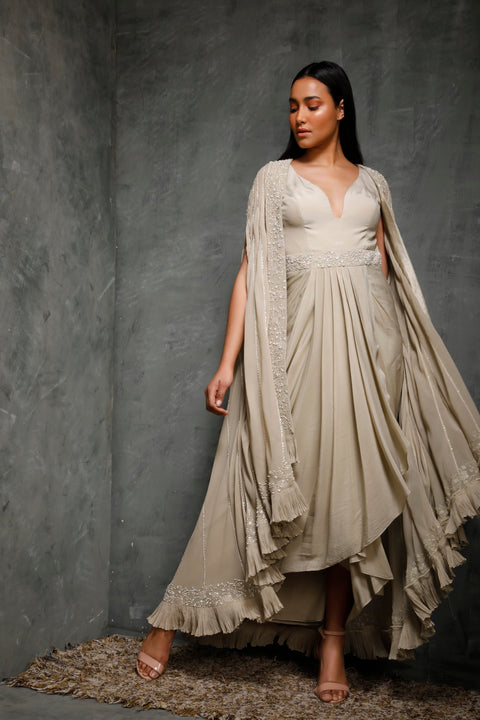 Seema Thukral-Dusky Green Cape Jacket With Draped Dress-INDIASPOPUP.COM