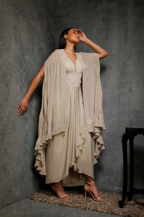Seema Thukral-Dusky Green Cape Jacket With Draped Dress-INDIASPOPUP.COM