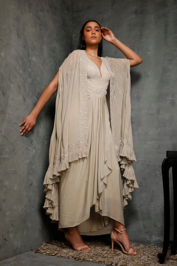 Seema Thukral-Dusky Green Cape Jacket With Draped Dress-INDIASPOPUP.COM