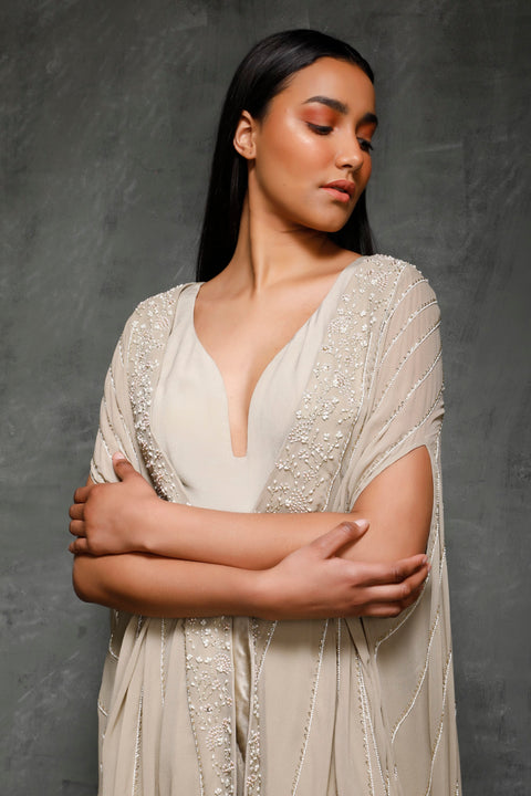 Seema Thukral-Dusky Green Cape Jacket With Draped Dress-INDIASPOPUP.COM