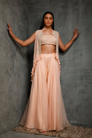 Seema Thukral-Peach Cami Top With Sharara & Jacket-INDIASPOPUP.COM