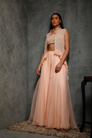 Seema Thukral-Peach Cami Top With Sharara & Jacket-INDIASPOPUP.COM