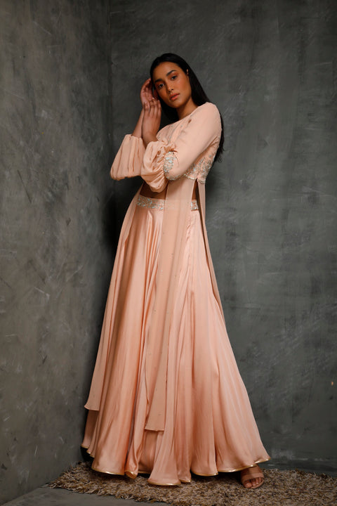 Seema Thukral-Peach Top With Panels & Skirt-INDIASPOPUP.COM