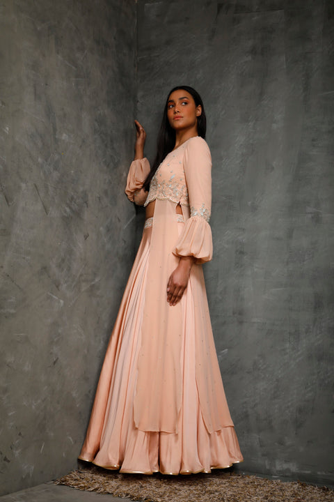 Seema Thukral-Peach Top With Panels & Skirt-INDIASPOPUP.COM