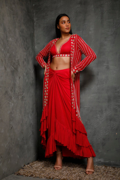 Seema Thukral-Rani Pink Camitop & Skirt With Jacket-INDIASPOPUP.COM