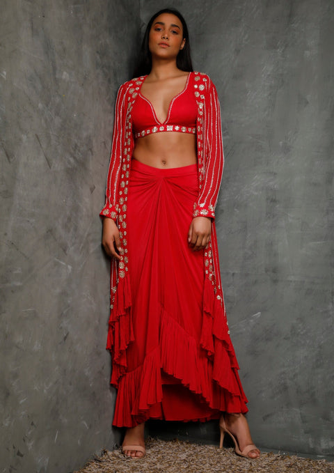 Seema Thukral-Rani Pink Camitop & Skirt With Jacket-INDIASPOPUP.COM