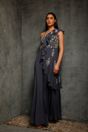 Seema Thukral-Teal Blue One Sholder Gown With Ruffles-INDIASPOPUP.COM
