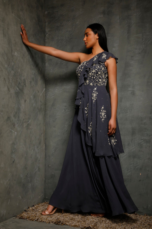 Seema Thukral-Teal Blue One Sholder Gown With Ruffles-INDIASPOPUP.COM