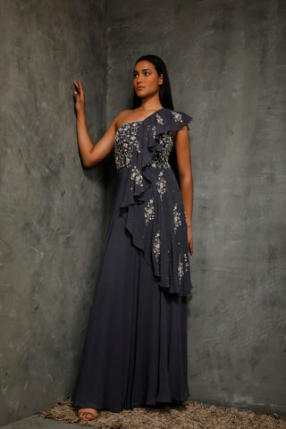 Seema Thukral-Teal Blue One Sholder Gown With Ruffles-INDIASPOPUP.COM