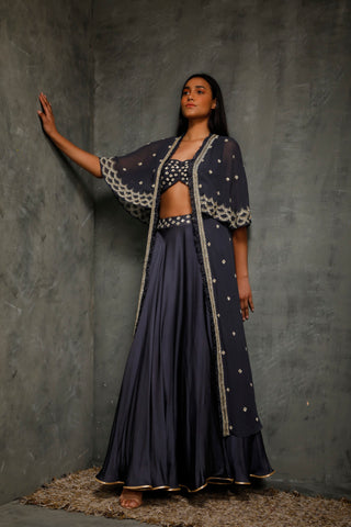 Seema Thukral-Teal Blue Bralet & Cape Jacket With Skirt-INDIASPOPUP.COM