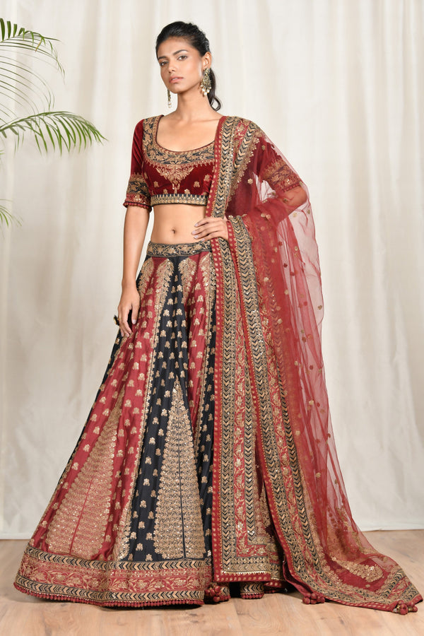 Ri.Ritu Kumar - Black & Burgundy  Lehenga With Blouse - INDIASPOPUP.COM