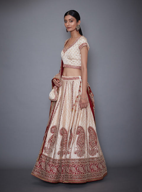 Ri.Ritu Kumar-Red & Off White Lehenga Set With Duppata-INDIASPOPUP.COM