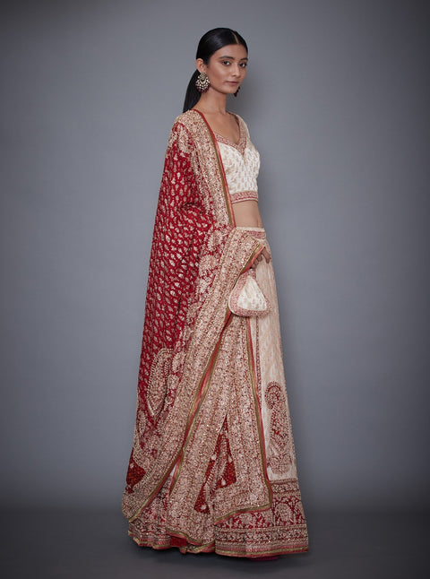Ri.Ritu Kumar-Red & Off White Lehenga Set With Duppata-INDIASPOPUP.COM
