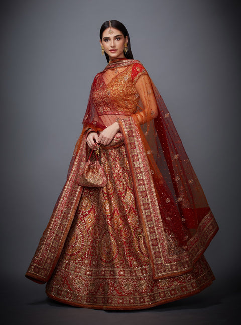 Ri.Ritu Kumar-Red & Saffron Lehenga Set With Dupatta-INDIASPOPUP.COM