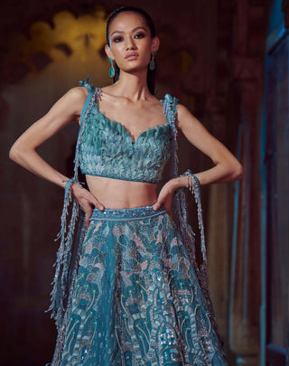 Bindani By Jigar And Nikita-Blue Feather Bridal Lehenga With Blouse-INDIASPOPUP.COM