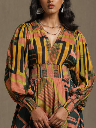 Ritu Kumar-Multi Color Geometric Print Dress-INDIASPOPUP.COM