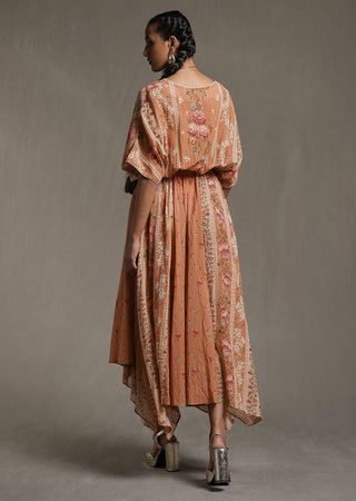 Ritu Kumar-Beige Floral Print Kaftan Dress-INDIASPOPUP.COM