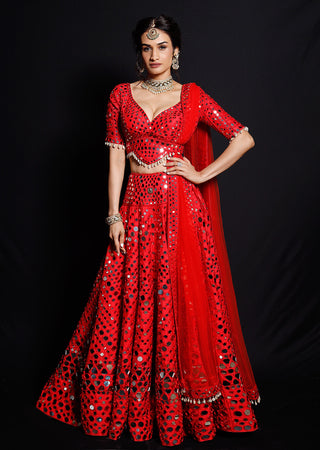 Archana Kochhar-Red Mirror Work Lehenga Set-INDIASPOPUP.COM