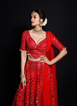 Archana Kochhar-Red Mirror Work Lehenga Set-INDIASPOPUP.COM