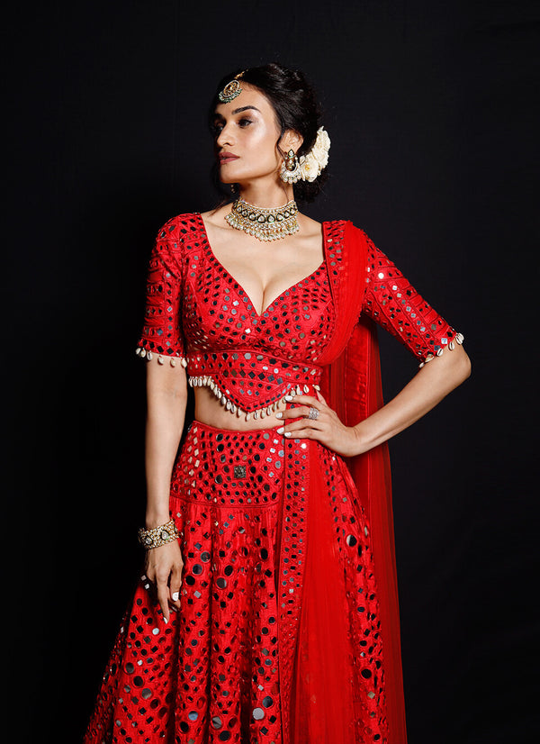 Red print and mirror work gujarati garba navratri lehenga chaniya chol –  Fashion Flux