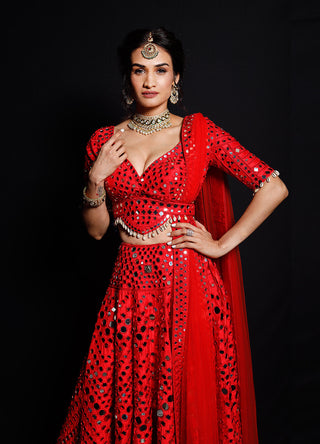 Archana Kochhar-Red Mirror Work Lehenga Set-INDIASPOPUP.COM