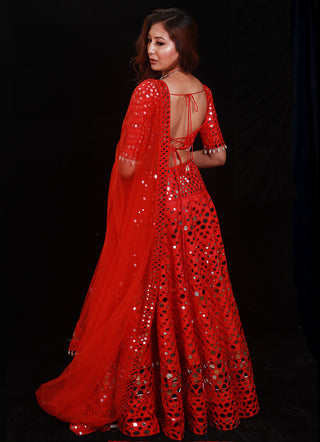 Archana Kochhar-Red Mirror Work Lehenga Set-INDIASPOPUP.COM