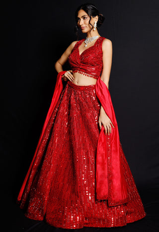 Archana Kochhar-Red Embellished Lehenga Set-INDIASPOPUP.COM