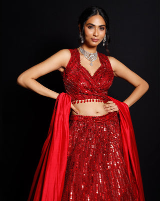 Archana Kochhar-Red Embellished Lehenga Set-INDIASPOPUP.COM