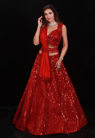 Archana Kochhar-Red Embellished Lehenga Set-INDIASPOPUP.COM