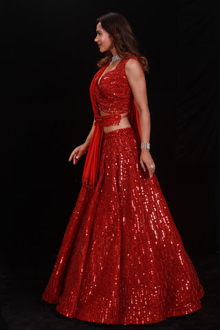 Archana Kochhar-Red Embellished Lehenga Set-INDIASPOPUP.COM